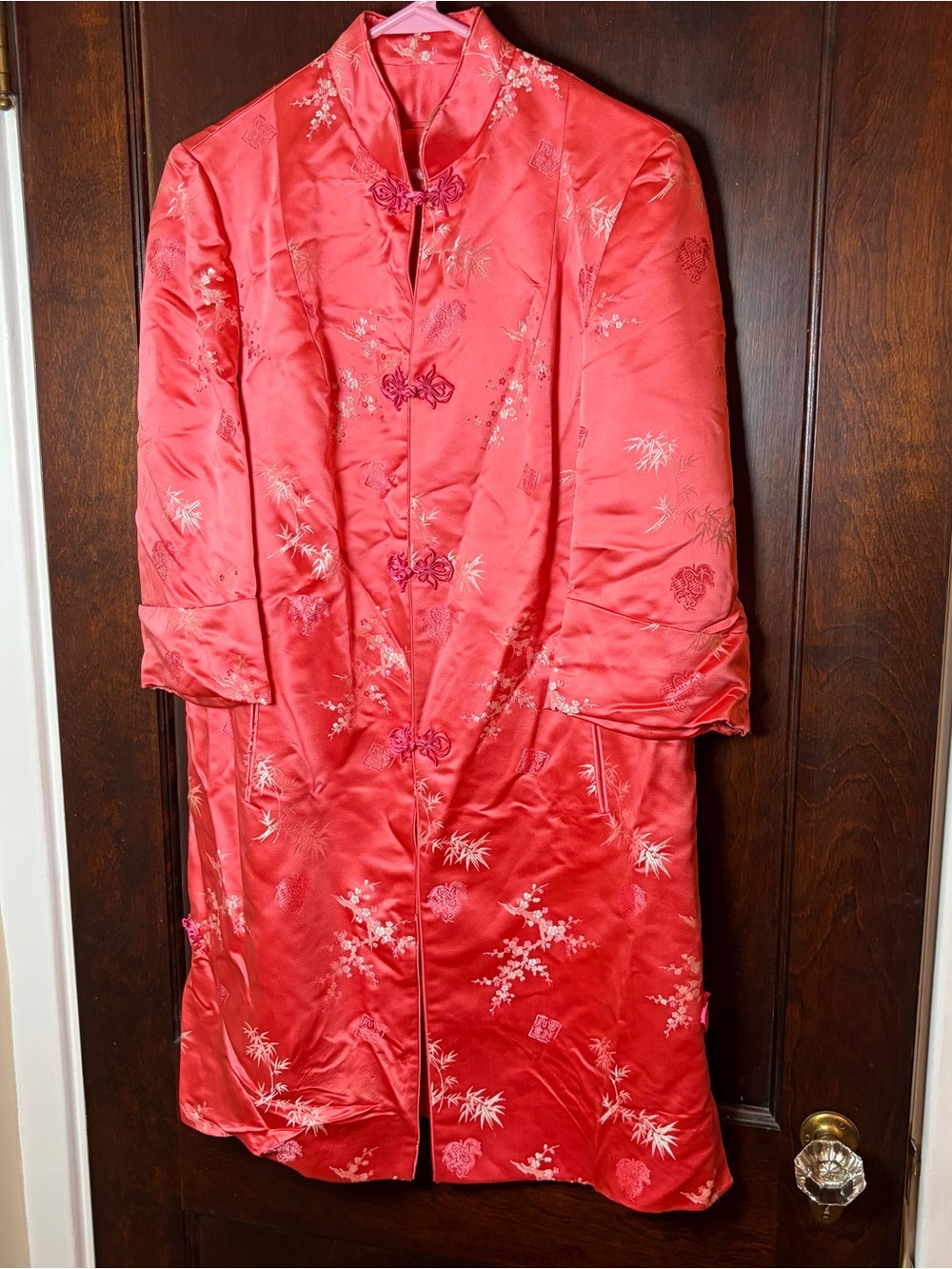 Vintage Chinese Brocade Jacket Red Satin With Frog Closures Lined Heavier Weight